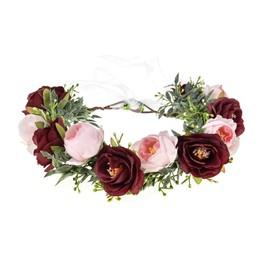 DreamLily Girls Camellias Flower Crown Birthday Photo Pops Hair Wreath Wedding Festival Floral Headpiece XM11 (B-Burgundy Pink)