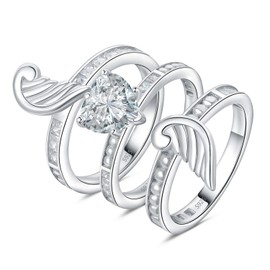 JewelryPalace Love Heart 2.2ct Cubic Zirconia Solitaire Engagement Rings for Women, hug Wing Feather White Gold 925 Sterling Silver Promise Ring for Her, 3pcs Wedding Bands Stackable Ring Bridal Set J