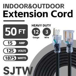 Ultra Explorer Outdoor Extension Cord Waterproof 50 FT, 12 Gauge Heavy Duty Black Extension Cord SJTW, Flexible Cold-Resistant 3 Prong Grounded Power Cord for Lawn, Garden, Appliance, UL Listed