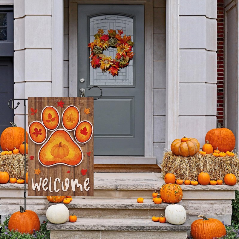 Wodison Dog Paw Fall Garden Flag 12x18 Double Sided Leaves