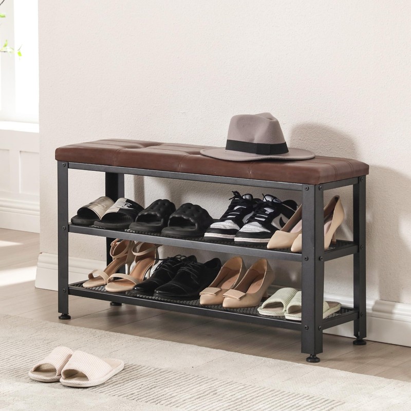 Apicizon 35.5" Shoe Rack Bench, 3-Tier Entryway Bench, with Leather