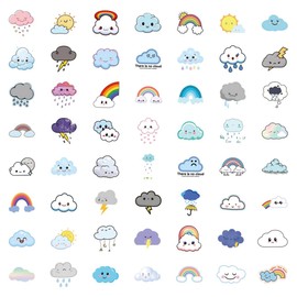 55Pcs Cute Weather Stickers for Kids, Kawaii Cartoon Weather Stickers for Water Bottle Scrapbook, Funny Cloud Decals for Laptop Journal Phone Luggage Skateboard