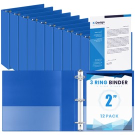 Henoyso 12 Pcs 3 Ring 2 Inch Binders Fits 8.5 x 11 Inch Letter Size Paper, Plastic Blue Flexible Binders with View Cover and 2 Pockets, 375 Sheets Capacity for Office School