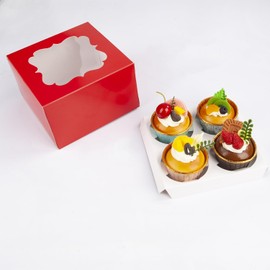 Frantis 20 PCS 6.5 x 6.5 x 4 inch Paper, Cupcake Boxes with Inserts and Window Hold 4 Cupcakes, Bakery Boxes For Cupcakes Carrier, Cupcake Containers (Red-4 Holes)