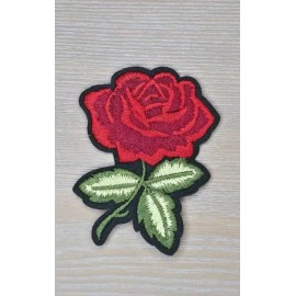 RED ROSE FLOWER ON STEM WITH GREEN LEAVES FLORAL IRON ON PATCH JACKET JEANS