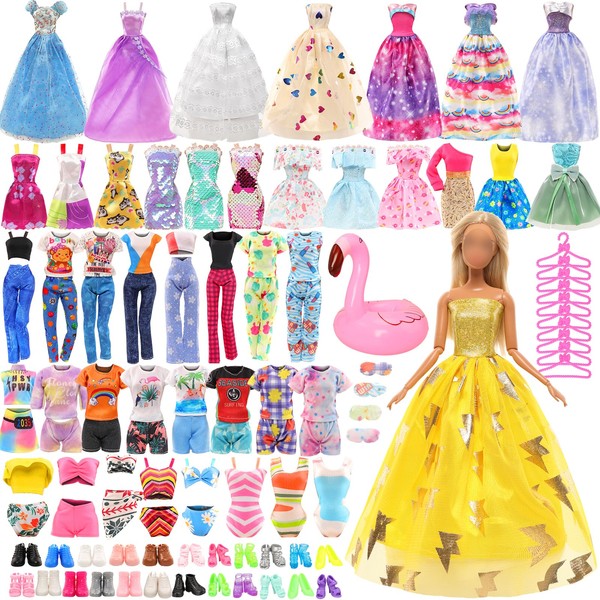 BARWA 46 Pack Doll Clothes and Accessories 15 Sets Doll Clothes 3 Wedding Long Dresses 3 Fashion Dresses 4 Tops Pants 2 Bikini Swimsuits 1 Pool Floaties 15 Shoes 10 Hangers for 11.5 inch Doll