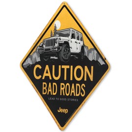 Jeep Caution Bad Roads Metal Sign - Diamond Shaped Jeep Sign for Garage, Shop or Man Cave