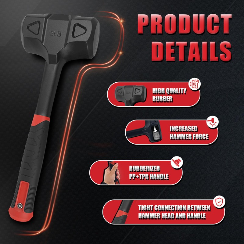 YIYITOOLS 3LB (48oz) Dead Blow Hammer, Heavy Duty One-Piece Forged