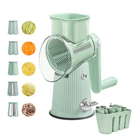 Multifunctional Vegetable Slicer,5-in-1 Interchangeable Blades Rotary Cheese Grater with Hand Crank,Kitchen Household Drum Slicer with Suction Base and Blade Storage Box (Green)