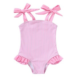 YOUNGER TREE Toddler Swimsuit Girl Color Block Stripe One-Piece Swimwear Baby Girl Bathing Suits （Pink-Stripe, 9-12 Months）