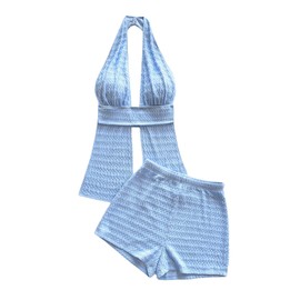 MakeMeChic Women's 2 Piece Y2K Outfits Summer Beach Knitted Backless Halter Tops and Micro Mini Shorts Set Blue Small