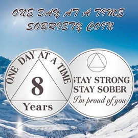 IELCJJ 8 Years Sobriety Coin, One Day at A Time Sobriety Chip AA Cions and Medallions Alcoholics Anonymous Eight Year Triplate Recovery Gifts for Men Women Sober Token with PU Leather Keychain