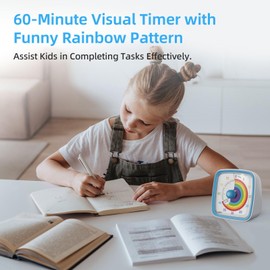Yunbaoit Visual Timer with Night Light, 60-Minute Countdown Timer for Kids and Adults, Silent Classroom Timer, Pomodoro Timer with Rainbow Pattern for Home, School, Kitchen, or Office (Blue-Rainbow)