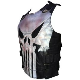 Men's Punisher Season 2 Skull Frank Castle Motorcycle Black Real Leather Vest Costume (US, Alpha, XX-Large, Regular, Regular, Black)