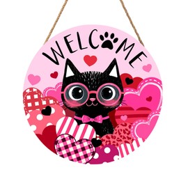 Welcome Valentine's Day Black Cat Door Sign For Front Door Decor,Pink Love Heart Wooden Sign 12"x 12" Round Wood Hanging Door Sign Anniversary Wedding Decoration for Wall Rustic Decor