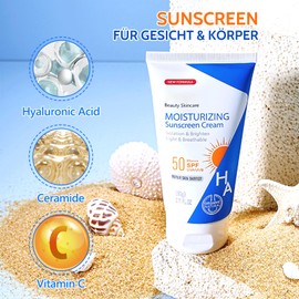 Shefave Ceramide Sun Cream Gesicht SPF 50 Hyaluronsäure + Ceramide + Vitimin C Sonnencreme für Trockene & Beanspruchte Haut Feuchtigkeitsspendend, Sunscreen FüR Gesicht & KöRper