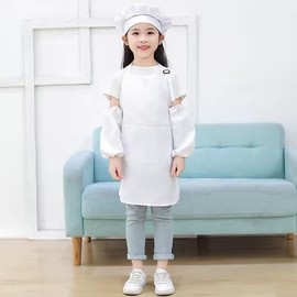 Apron Chef Hat Set with Skin-friendly Pockets for Kids Bibs for Cooking, Baking, Painting and Training - Kids Size (L(3-6 Years), White)