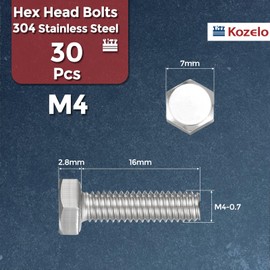 Kozelo 30 Pcs Hex Head Screws Bolts - [M4-0.7x16] 304 Stainless Steel Grade A2-70 Fully Threaded Hex Tap Metric Hexagon Head Machine Bolts Right Hand External Hex Drive, Silver