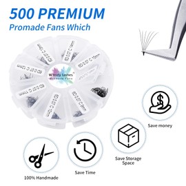 Eyelashes, Ready-to-Use Fans, Eyelash Fan, 10D, Pack of 500, 9-16 mm, C Curl, 0.07 mm, Ready Volume Eyelashes, Fans, Premade Volume Fans Eyelash Extension (500-10D-0.07-C-9-16)