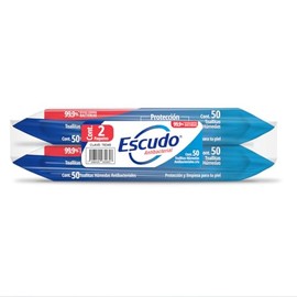 Escudo Antibacterial, Toallitas Húmedas Antibacteriales Para Manos, 100 Piezas (2 paquetes de 50 toallitas c/u)
