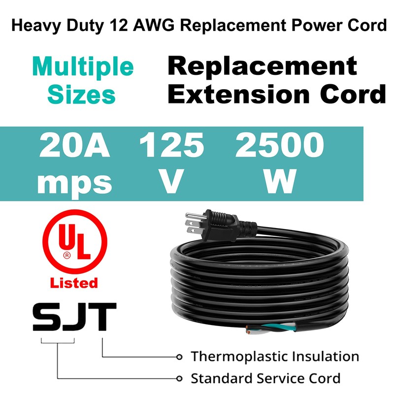 LAKCZIO 25 FT 12 AWG 3 Prong Replacement Power Cord,