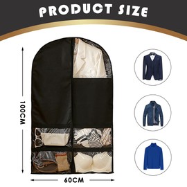 Gsrhzd Garment bags, Suit Bags for Men Women, 2 Pieces 60 * 100cm Dustproof Moistureproof Suit Cover with Zipper Storage Pockets, Transparent Clothes Covers for Dresses Suits Coats (Black)
