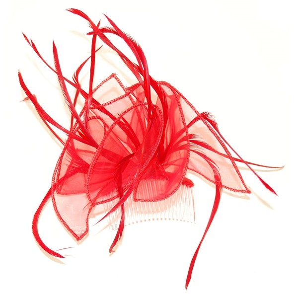 Large Red looped fabric and Feather Fascinator on a clear