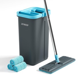 JOYMOOP Mop and Bucket Set with Wringer, with 3 Reusable Microfiber Mop Pads, Mops for Floor Cleaning and Wall Cleaning, Hands-Free Flat Mop for Home Use - Grey+Cyan Blue