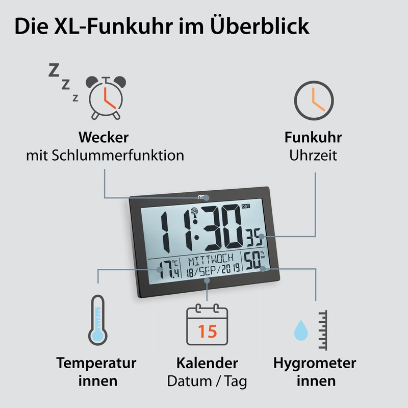 ADE Digital Radio-Controlled Clock with Large XL Display Calendar with