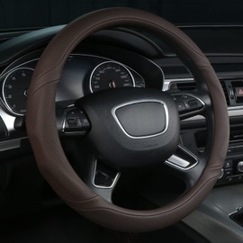ALEMODR Brown Leather Steering Wheel Cover Universal 15 inch