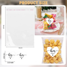 AIOMOB 100 Set Heart Shape His Her Favorite Stickers Candy Bags Wedding Favor Stickers 4x6 Inches Self Sealing Cellophane Bags for Wedding Favor Labels Guest Welcome Bag Stuffers Bulk