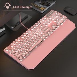Typewriter Mechanical Gaming Keyboard and Mouse Combo, Retro Punk Round Keycaps RGB Rainbow Backlit Wired Keyboard for Game and Office, for Windows Laptop PC, Red Switches(Pink)