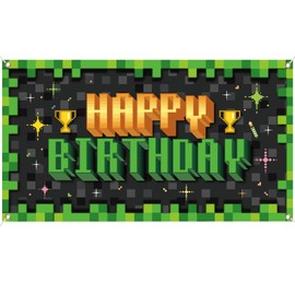 Pixel Background Banner Happy Birthday, 180 x 100 cm Video Game Theme Party Background Decoration Photo Props for Children and Adults Birthday Pixel Party Decoration