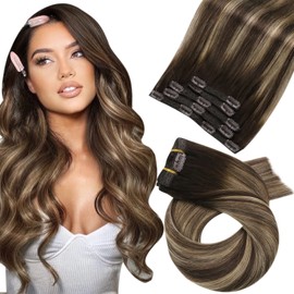 Moresoo Clip Extensions Real Hair Balayage, Remy Double Wefts Clip-In Extensions, Real Hair Dark Brown with Caramel Blonde #4/27/4, 5 Pieces, 80 g, 35 cm