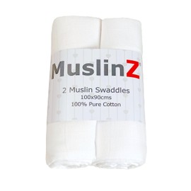MuslinZ Baby Muslin Squares, Soft, Breathable and Absorbent Newborn Receiving Blanket, Swaddles XL 100x90cms 100% Cotton (2 Pack) (White)