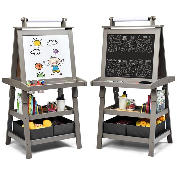 Costzon Kids Art Easel, 3 in 1 Double-Sided Storage Easel w/Whiteboard, Chalkboard & Paper Roll, 2-Tier Rack w/ 2 Storage Boxes, Large Capacity Tool Tray for Toddlers (Grey)