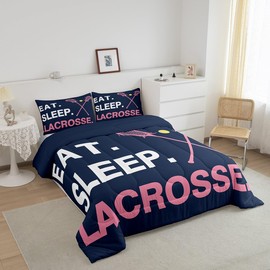 Lacrosse Bedding Set for Girls Boys Kids Eat Sleep Lacrosse Comforter Sports Theme Room Decorative Comforter Set Full Size Lacrosse Lover Duvet Set 3Pcs Quilt Set