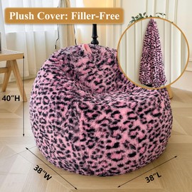 XeGe Faux Fur Leopard Print Bean Bag Chair Cover (No Filler), Fluffy Stuffed Animal Storage Pink Cheetah Bean Bag Home Decor, Furry Fuzzy Beanbag Cover for Adults Kids Girls, Anti-slip, Black and Pink