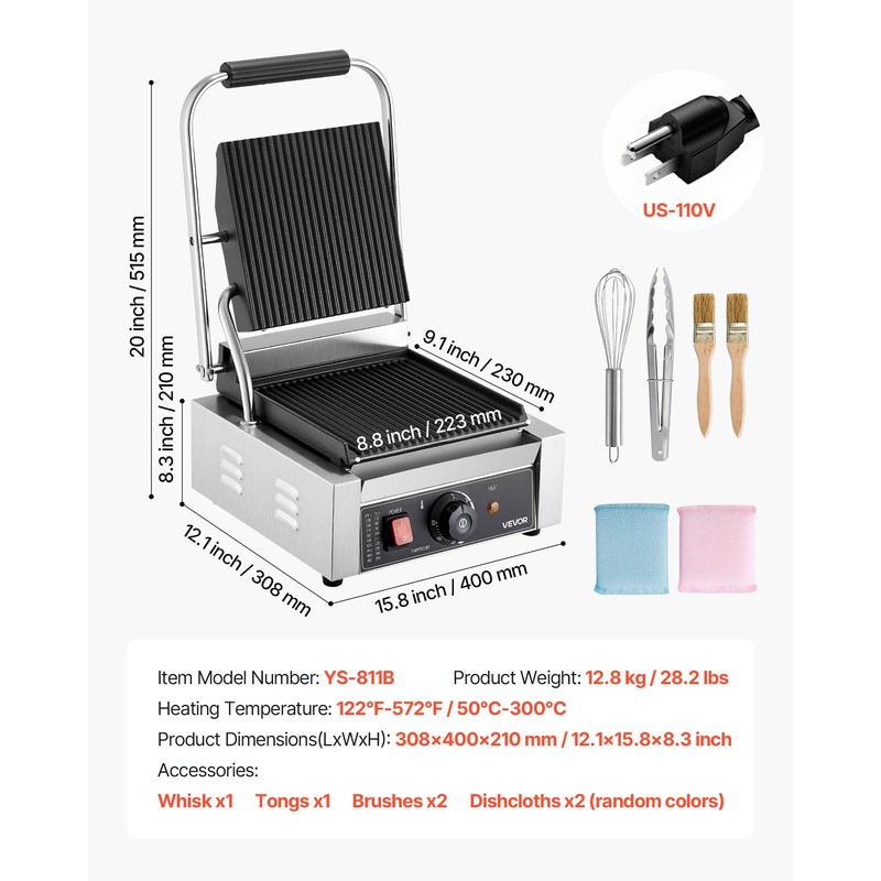 VEVOR Commercial Panini Grill, 1800W Electric Sandwich Panini Maker, Stainless