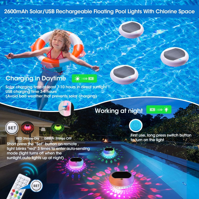Pool Chlorine Floater, Solar Floating Pool Lights with USB Charging,