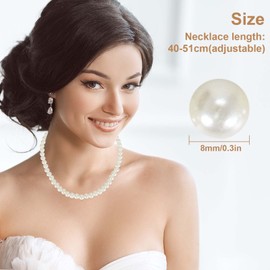 Zimoer Pearl Necklace Women White Pearl Chains Pearl Diameter 8-10mm Imitation Pearl Necklace Costume Accessories Retro Style Silver Metal Chain for Brides Women Girls, Resin, No Gemstone