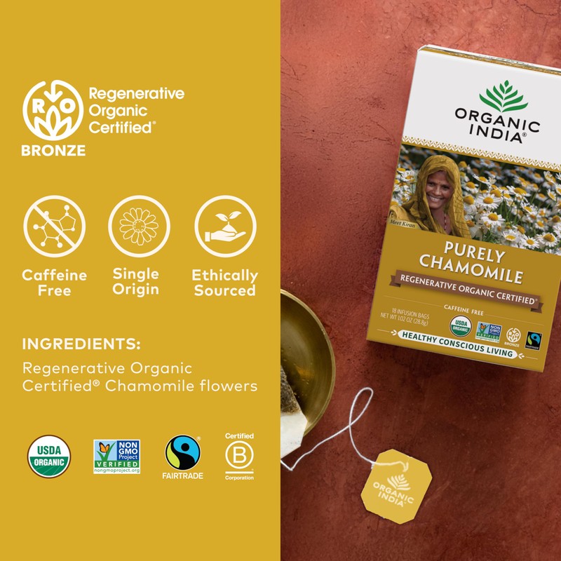 Organic India Purely Chamomile Tea- Regenerative Organic Chamomile Flowers, Caffeine