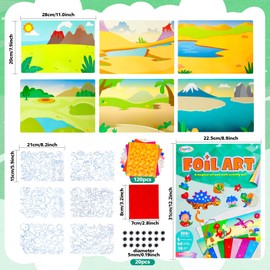 YAOZUP Foil Fun Children, Dinosaur Foil Art for Children, Foil Fun Sticker Toy, Foil Fun Craft Colouring Books, DIY Craft Set Children, Gifts for Boys Girls Age 4-9