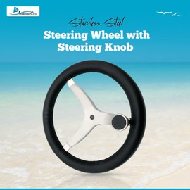 MARINE CITY 3-Spoke Steering Wheel, 316 Stainless Steel 13-7/8", Leather & PU Foam Grip, Steering Knob, 3/4" Shaft – Perfect for Boats, Yachts, Kayaks, and Marine Vessels