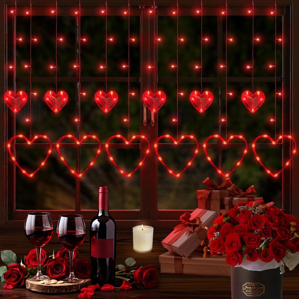 Valentines Day Decor, 138LED 12 Hearts Curtain Lights for Bedroom,