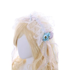 C-106 White Headband with Blue Purple Flowers Bow Lace Ruffle Gothic Lolita Maid Party Celebration Hair Accessories Head Accessory