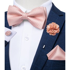 DiBanGu Pink Bow Ties for Men Solid Color Bowtie Set with Pocket Square Lapel Pin Cufflinks Adjustable Bowtie Wedding Party