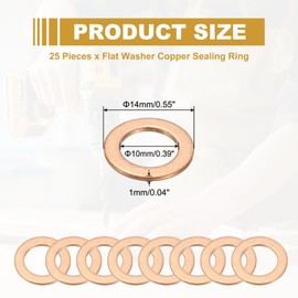 PATIKIL M10 Copper Washer Sealing Ring, 25 Pieces 10mm ID 14mm OD 1mm Thickness Metric Flat Sealing Gasket Crush Washer for Screws Bolt Sump Plugs Oil Drain