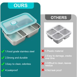 3Pcs Stainless Steel Snack Containers - Reusable Double Compartment Condiment Box with Lids for Kids Adults, Grab and Go Divided Snack Food Lunch Storage Containers Sauce Cups for School, Travel