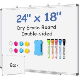 EAONE Magnetic Dry Erase Board for Wall 24” x 18”, Double Sided White Board, Silver Aluminum Frame Whiteboard Kit for Office Home School, with 1 Dry Eraser & 4 Magnetic Pins & 5 Multicolor Markers